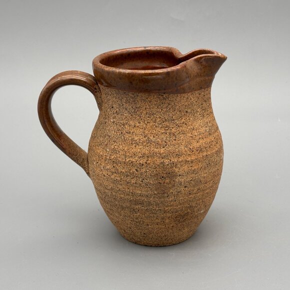 Vintage Studio Pottery Pitcher with Speckled Stoneware Texture Glazed Rim - Picture 4 of 7